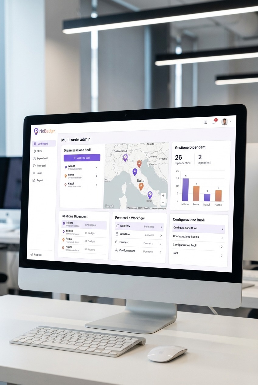 Pannello amministratore NoBadge multi-sede - dashboard gestione sedi dipendenti permessi ruoli